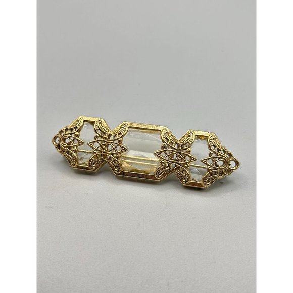 Vintage Intricate Gold Filigree Bar Pin Clear Acrylic Stones Classic Jewelry - Picture 2 of 8